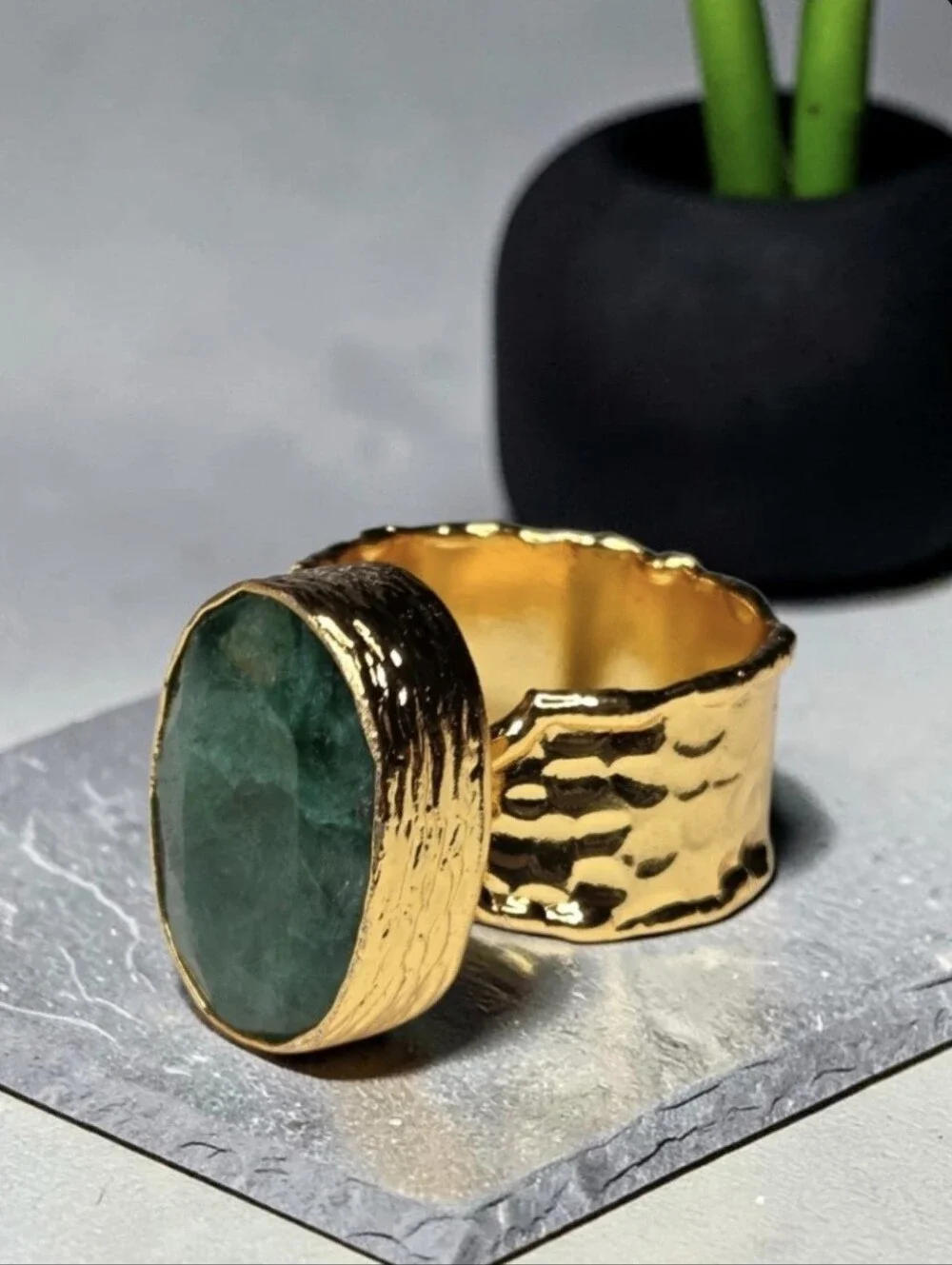 18k Gold Plated Hammered Chunky Artisan Genuine Natural Raw Emerald Beveled Ring